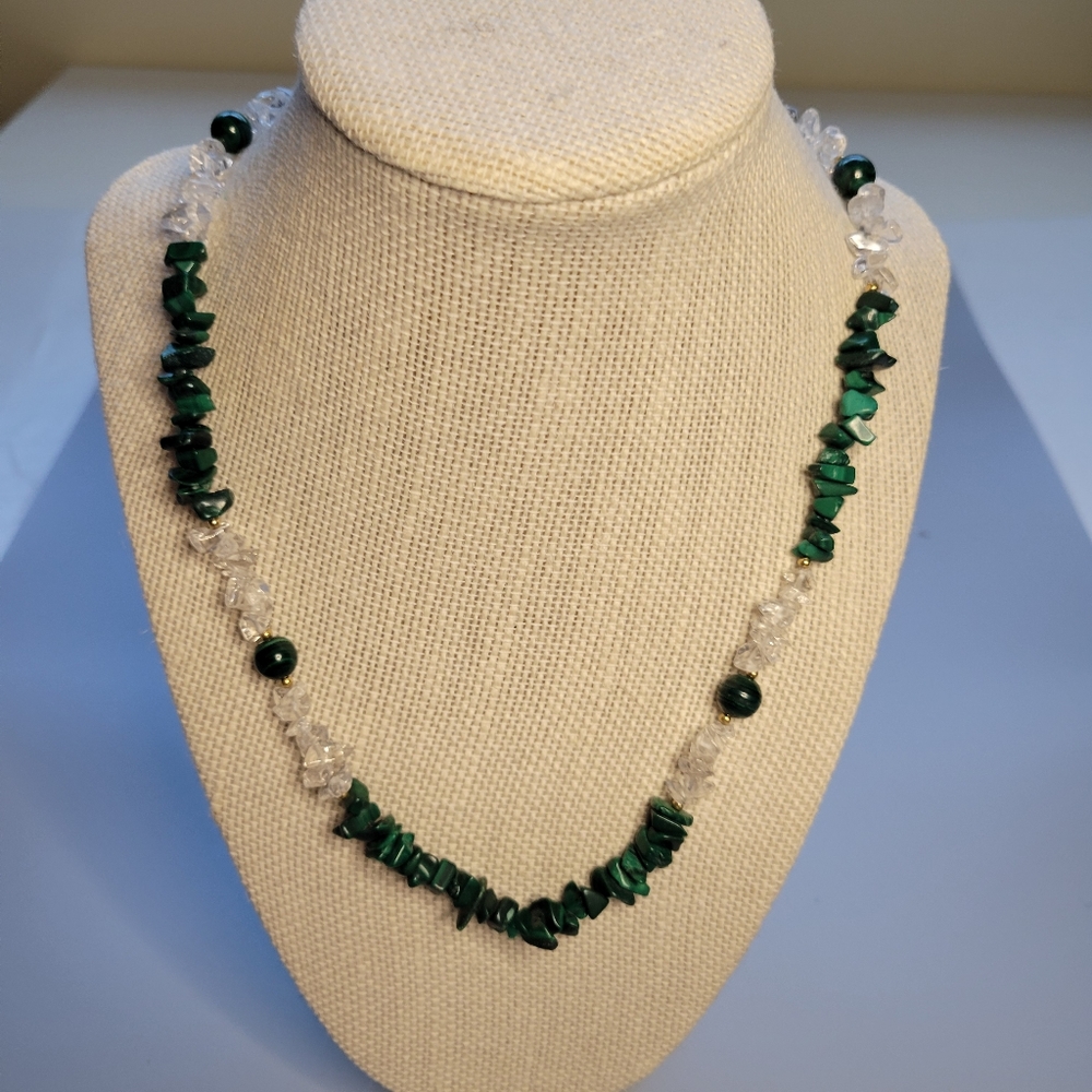 Genuine Green Malachite & Clear Quartz 36" Long Necklace Gold Tone Accent Beads